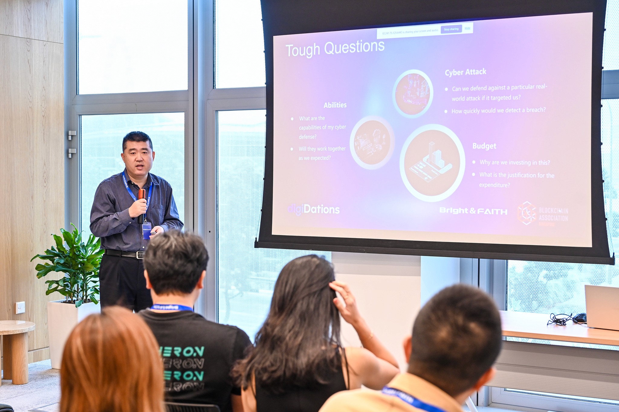 digiDations speaker presenting the Tough Questions slide at the BAS Blockchain Security Salon